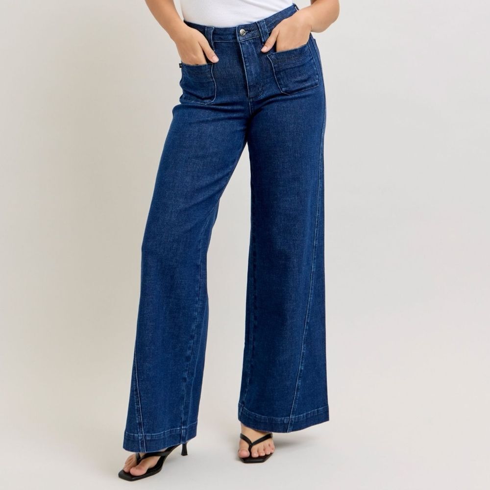 Judy Blue Women's High-Waisted Retro Fit  Denim Wide Jeans with Patch Pocket - Picture 5 of 11